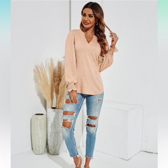 Romanstii Women's Casual V-Neck Tee Loose Puff Long Sleeve Tops Tunic Blouses - Picture 6 of 12